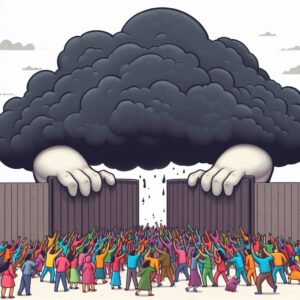 A storm cloud holding the gates shut to colorful people outside